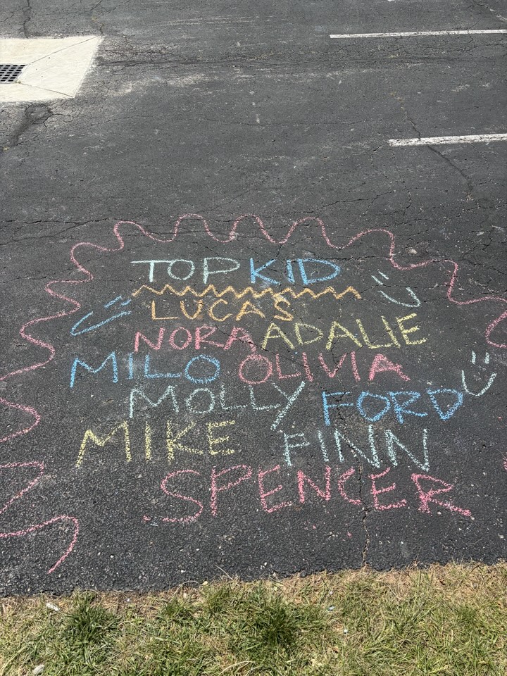 TOPKID written in colorful sidewalk chalk above a list of first names, inside a squiggly chalk border